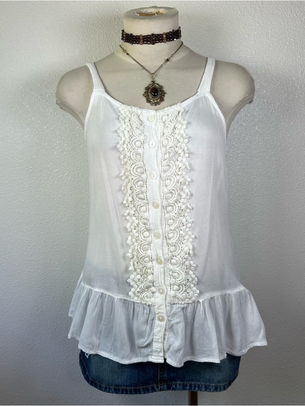 Lace-Trim White Spaghetti Strap Tank Top